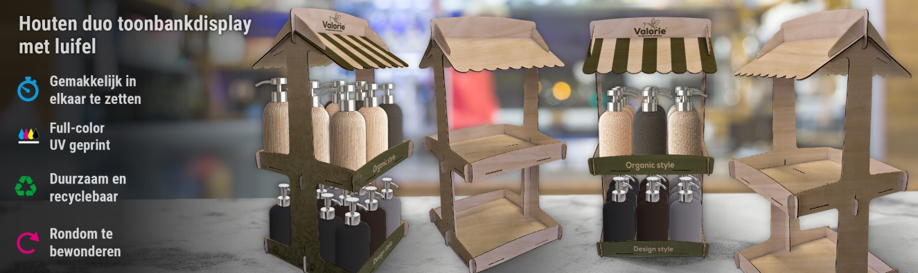 Houten duo toonbankdisplay met luifel