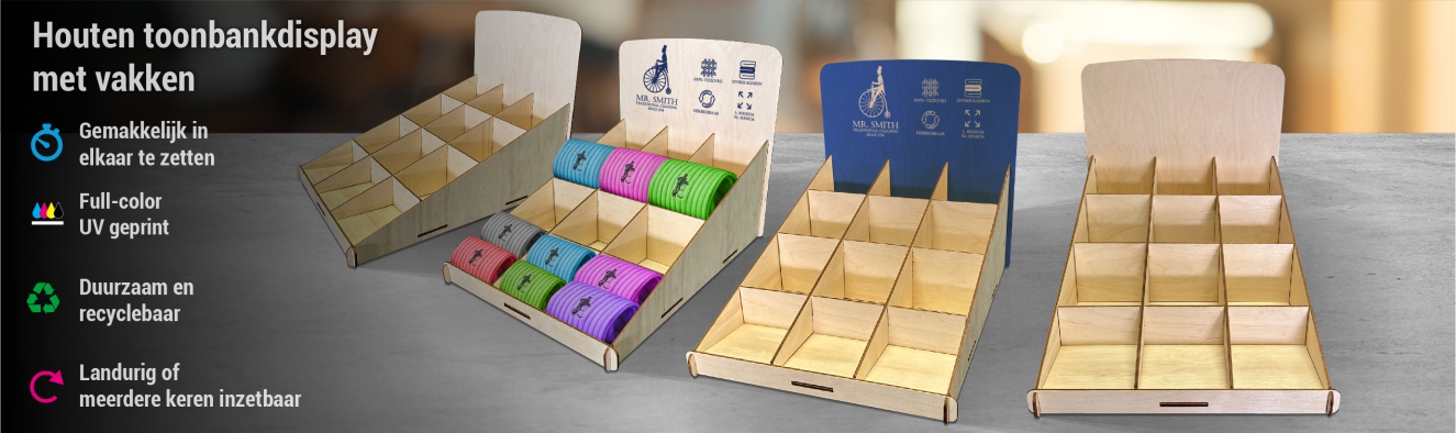 Houten toonbankdisplay met vakken