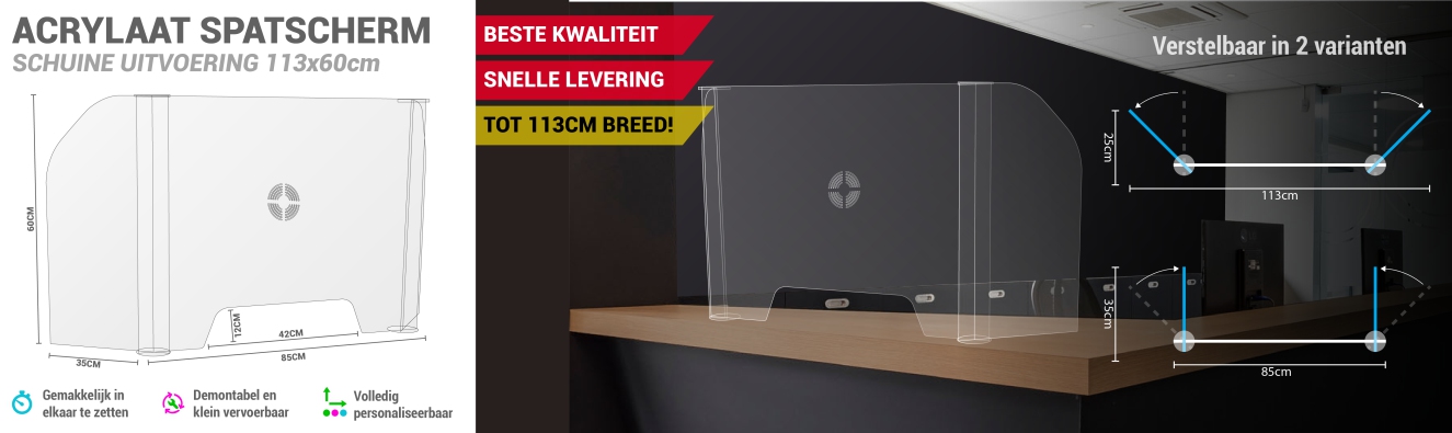 Plexiglas spatscherm schuine uitvoering 113 of 85x60cm